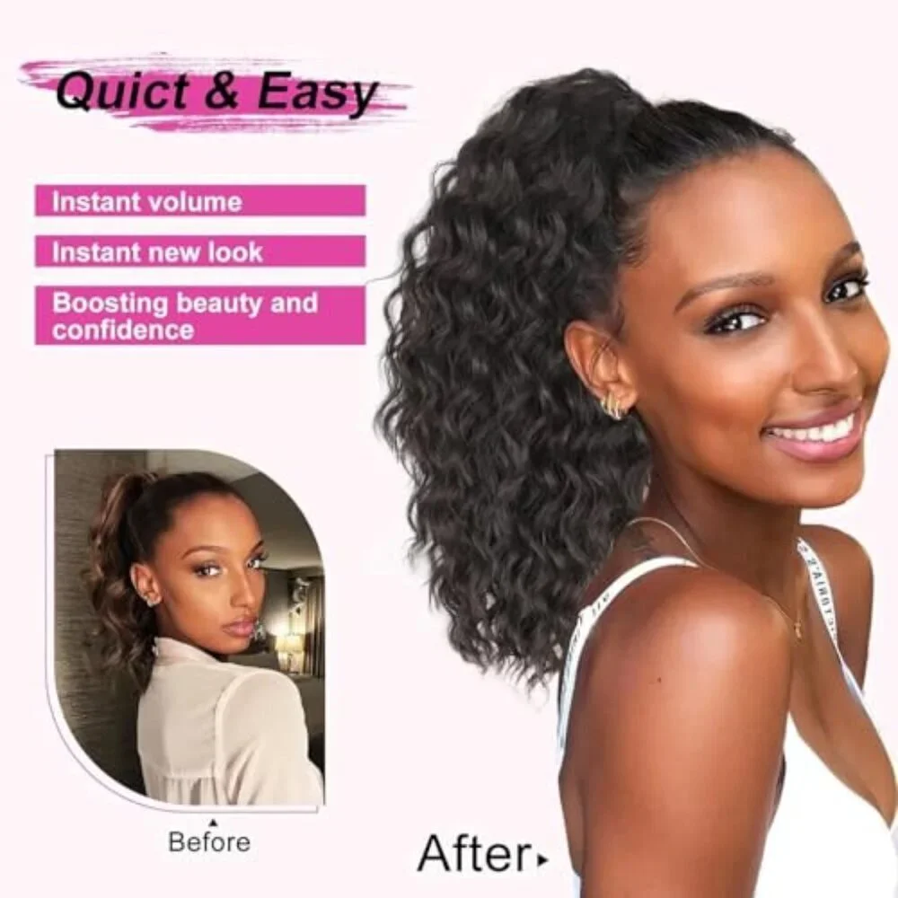 Black Synthetic Curly Ponytail Extension 14 Inch Clip-in Drawstring Stylish